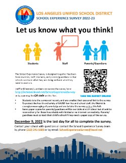 The School Experience Survey 2022-2023 is open thru December 9, 2022